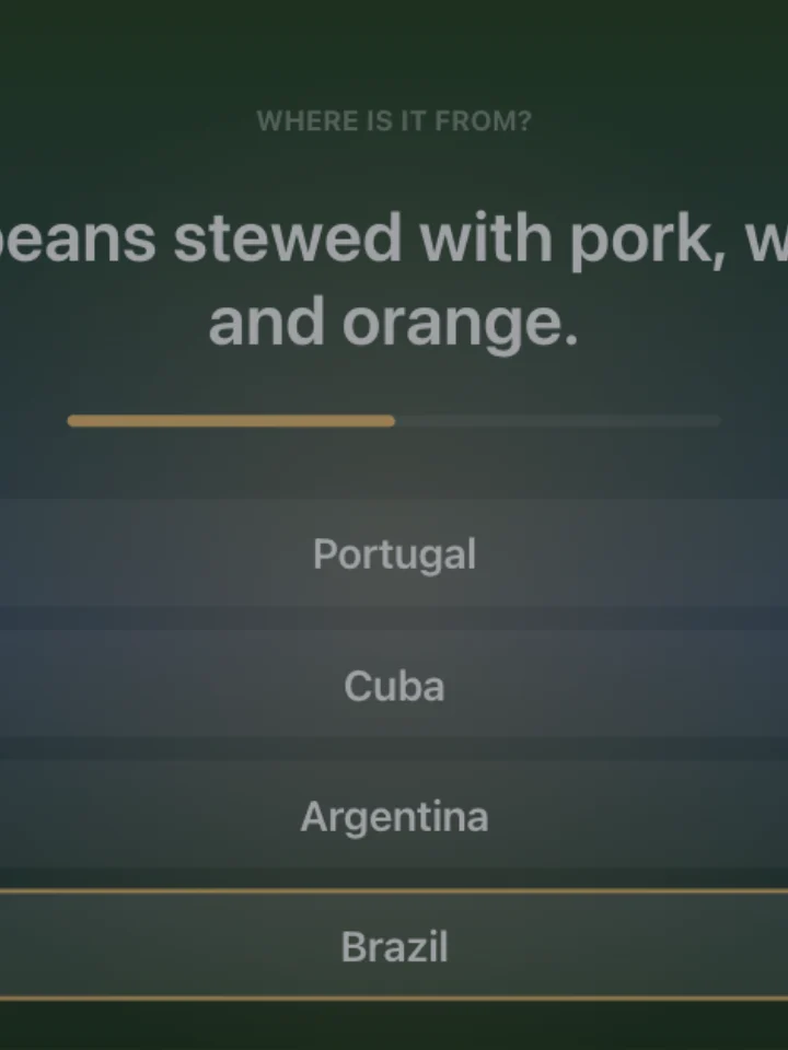 Food Origins — a trivia game, captured from play